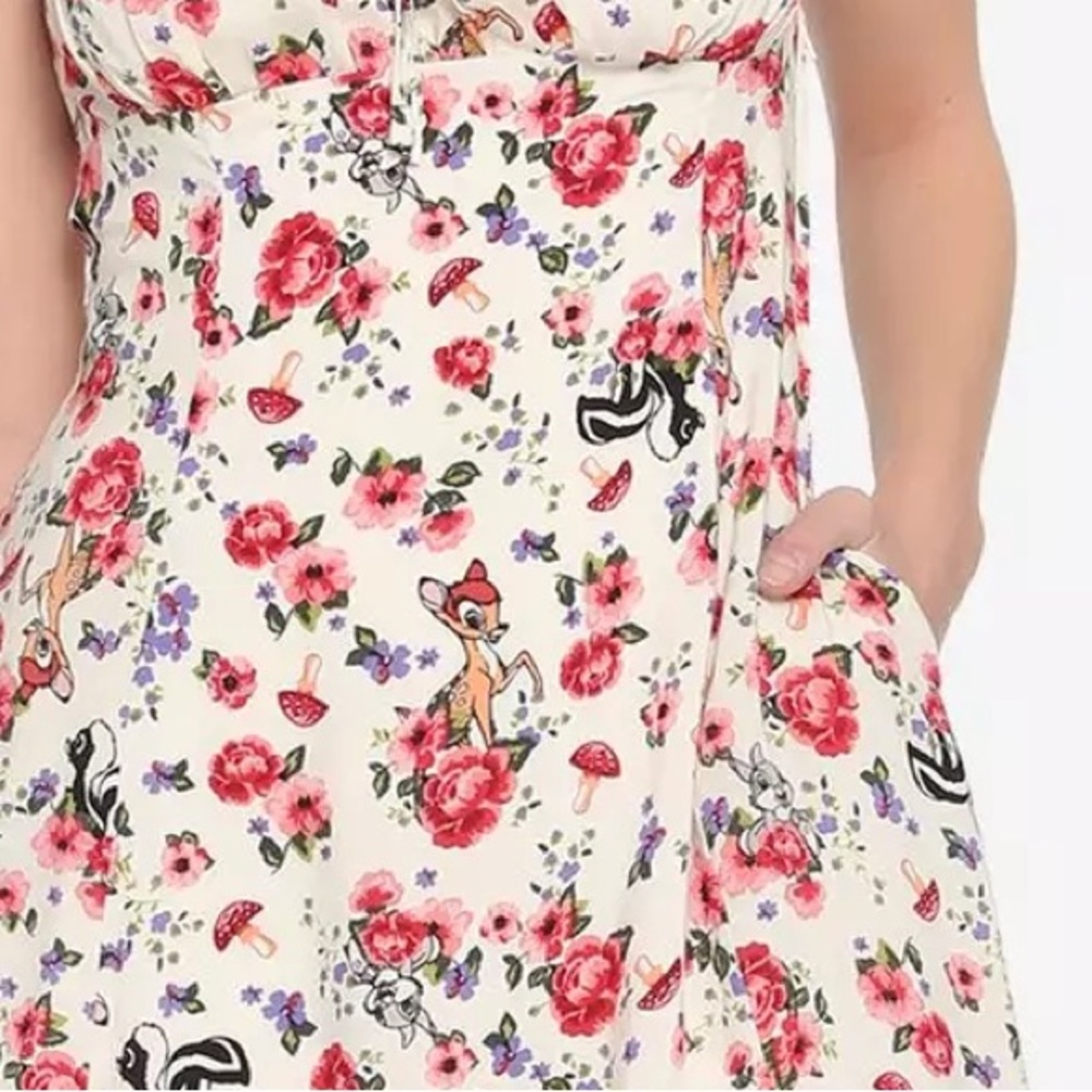 DISNEY BAMBI Floral PUFF SLEEVE MIDI DRESS! Thumper Flower Lace Up Mushrooms NWT - Picture 6 of 7